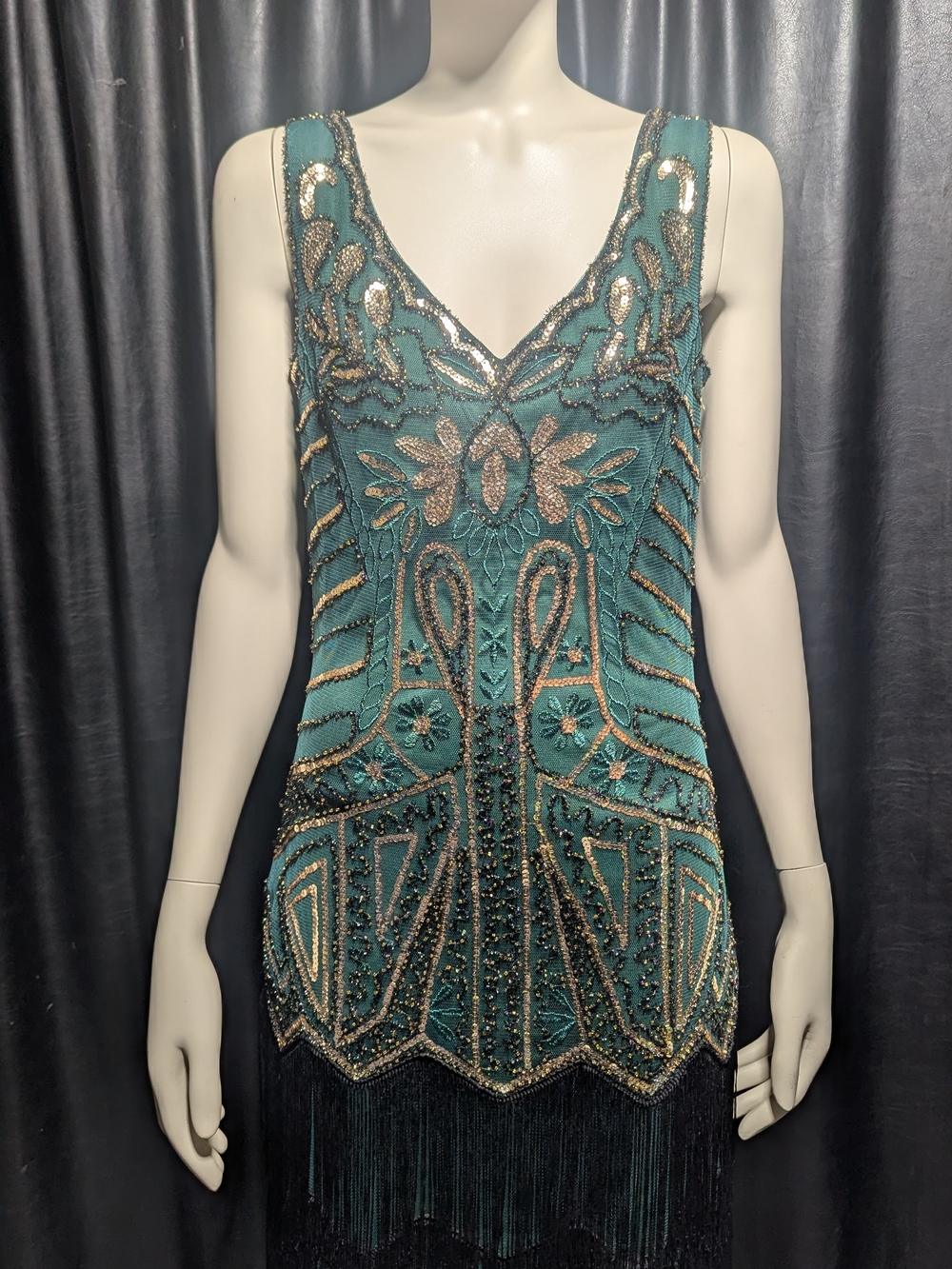 NWT BABEYOND Emerald Green & Gold Beaded Great Gatsby Fringe Flapper Dress - S